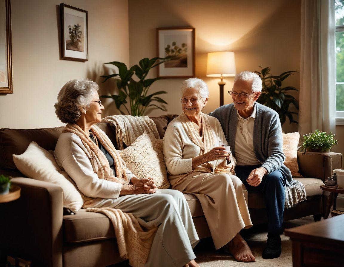 A serene home environment showcasing a cozy living room with soft lighting, where a senior is engaged in a cheerful conversation with a caregiver. Surrounding them are elements of comfort like warm blankets, family photos, and a beautiful plant. The scene conveys warmth, care, and affection, emphasizing a supportive atmosphere. soft-focus, warm tones, super-realistic.